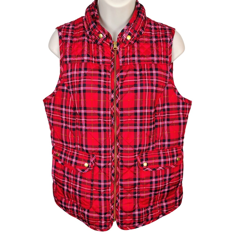 Crown & Ivy Red Tartan Plaid Quilted Puffer Vest Womens Medium Gold Zip Pocket